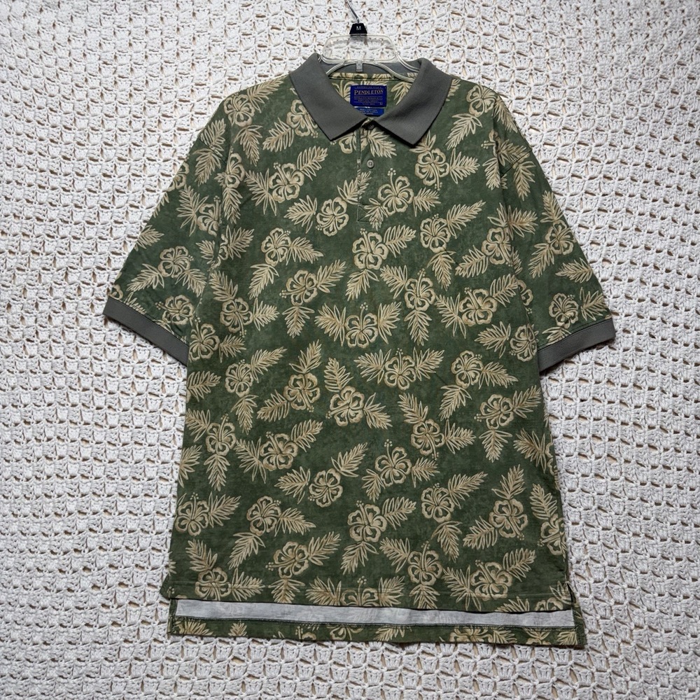 Vintage Pendleton Polo Shirt L Olive Green Beige Floral 100% Cotton Short Sleeve